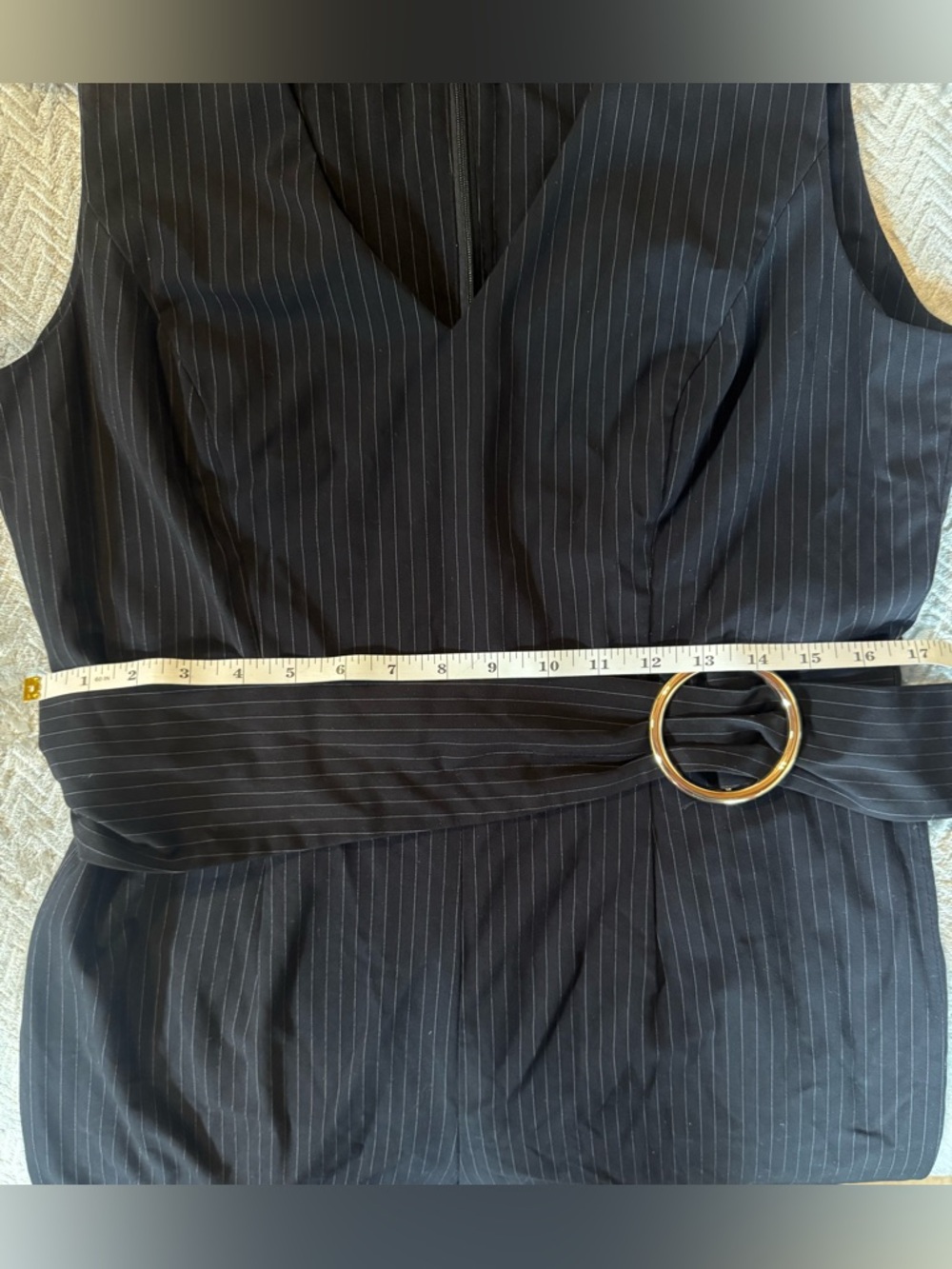 Ivanka Trump Black Pinstripe Wide Leg Jumpsuit Belted Size 12 - Picture 6 of 6